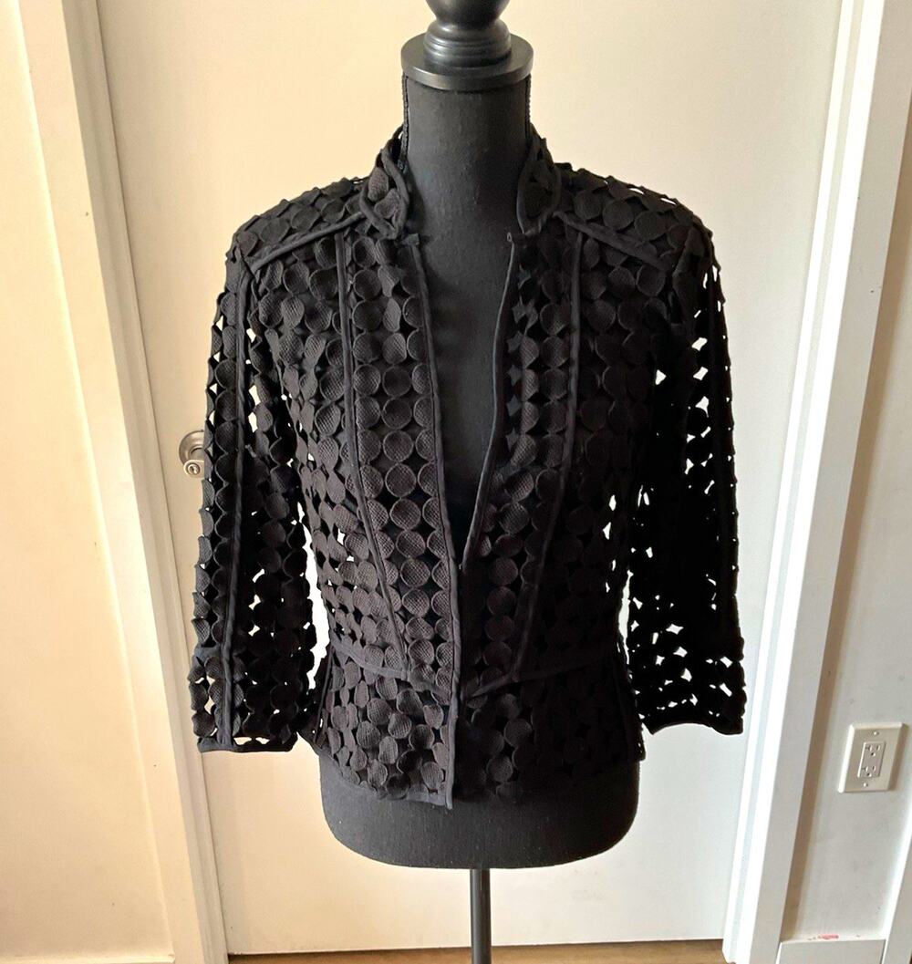 White House Black Market Women’s Black Lace Hook & Eye 3/4 Sleeve Jacket, 4